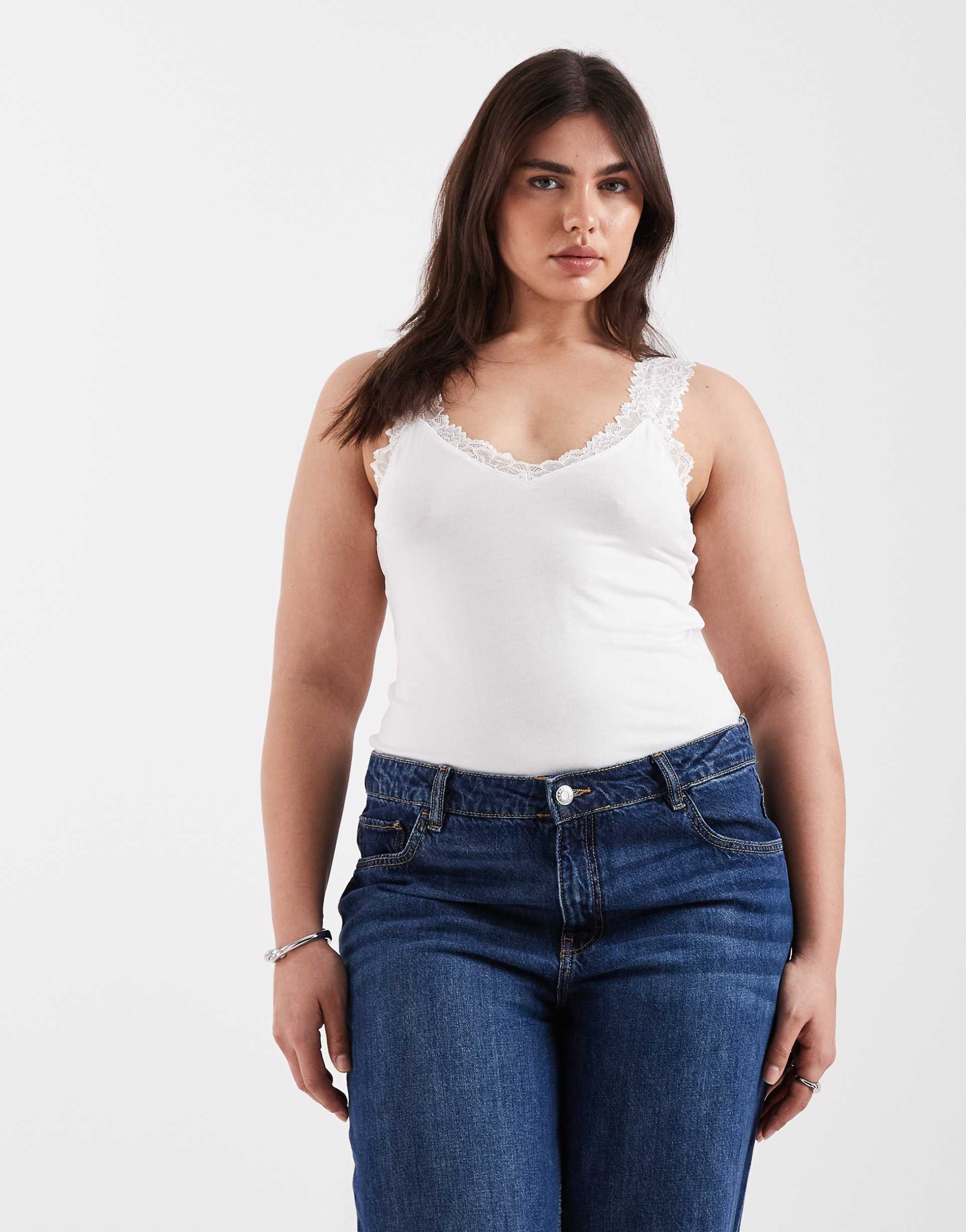 vero moda curve jersey tank top with lace trim in white