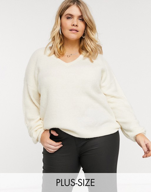 Vero Moda Curve  jumper with v neck and sleeve detail in cream