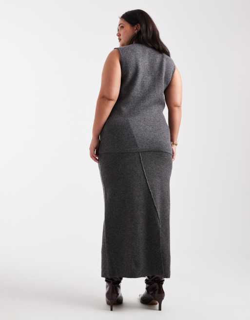Vero Moda Curve - Jupe d'ensemble mi-longue en maille douce - Gris chiné, 4 de 5
