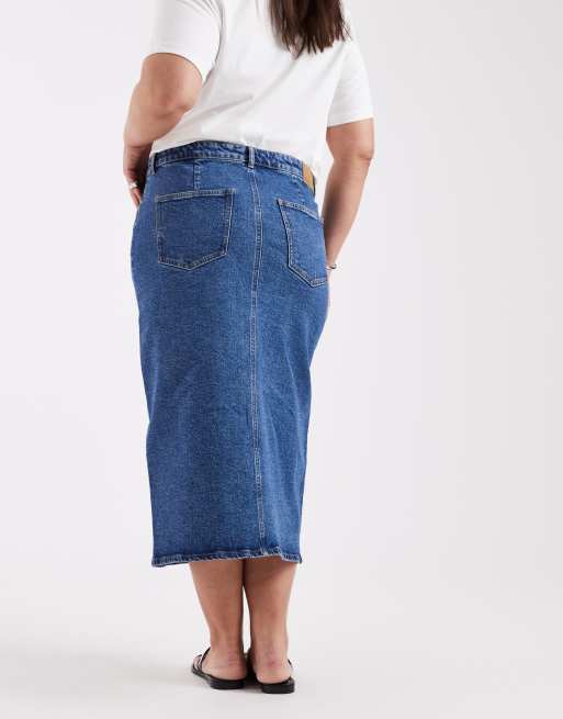 Vero Moda Curve - Jupe mi-longue fendue devant en jean - Bleu moyen délavé, 2 de 5
