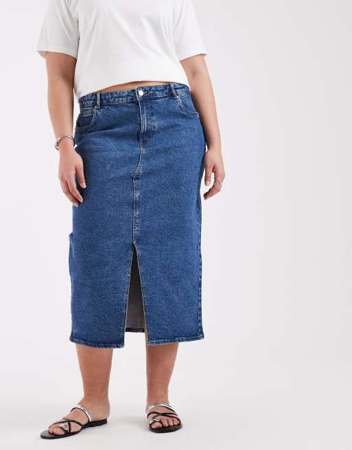 Vero Moda Curve - Jupe mi-longue fendue devant en jean - Bleu moyen délavé, 3 de 5