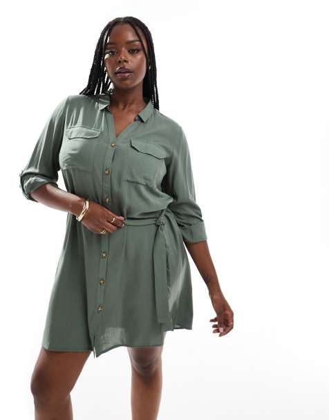 Vero Moda Curve – Kakifärgad skjortklänning i minilängd - view 1