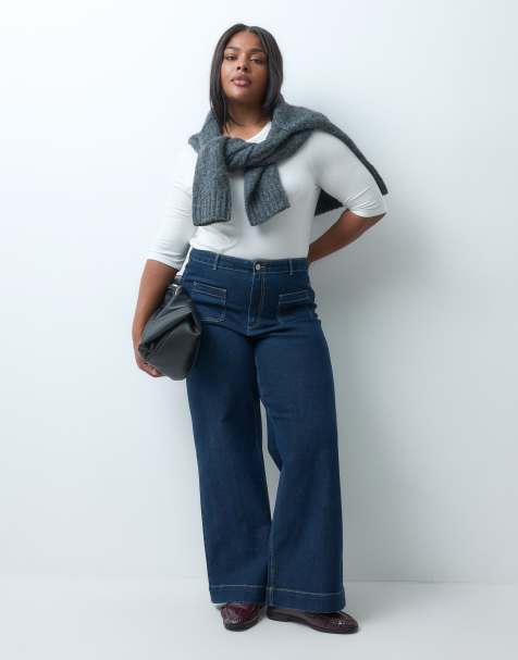 Vero Moda Curve Kayla high rise wide leg jeans with pocket detail in dark blue denim - view 1