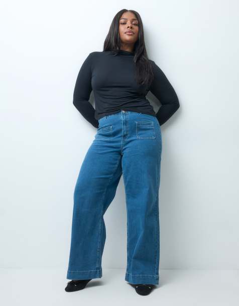 Vero Moda Curve Kayla højtaljede jeans med brede ben og lomme-detalje i mellemblå denim - view 1