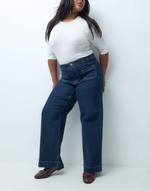 Vero Moda Curve Kayla vaqueros de pernera ancha con detalle de bolsillo en denim azul oscuro, 4 de 5