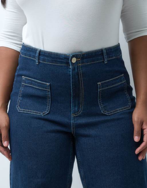 Vero Moda Curve Kayla vaqueros de pernera ancha con detalle de bolsillo en denim azul oscuro, 5 de 5
