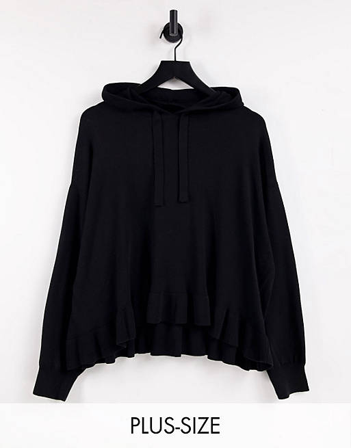 Vero Moda Curve knitted hoodie with ruffle trims in black