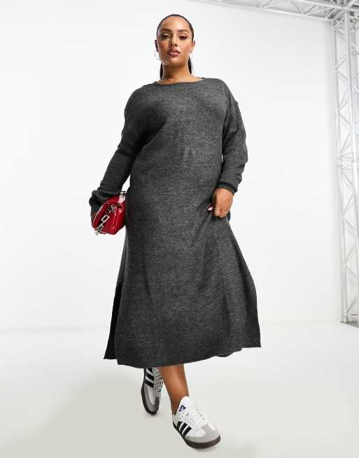 ヴェロモーダ Vero Moda Curve knitted jumper midi dress in grey