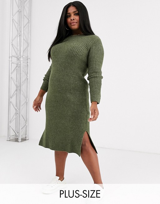 Vero Moda Curve knitted midi dress with side split in khaki