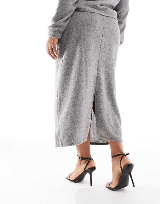 Vero Moda Curve knitted midi skirt co ord in grey melange