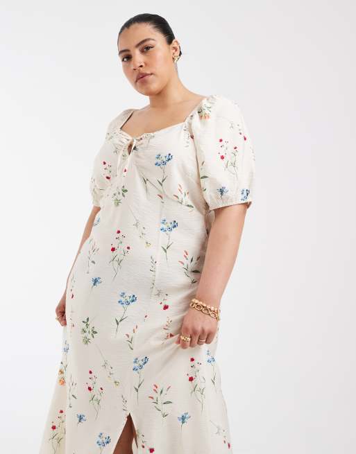 Vero Moda Curve – Krämvit, blommig maxiklänning med puffärmar och knytning framtill, 2 av 4