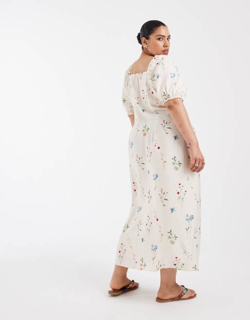 Vero Moda Curve – Krämvit, blommig maxiklänning med puffärmar och knytning framtill, 3 av 4