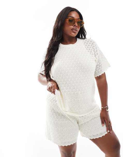 Vero Moda Curve – Krämvit, virkad t-shirt med boxig passform, del av set - view 1