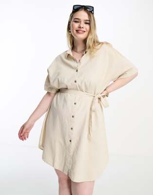 Vero Moda Curve - Kurzes T-Shirt-Kleid aus Leinen in Steinbeige mit Bindegürtel-Neutral