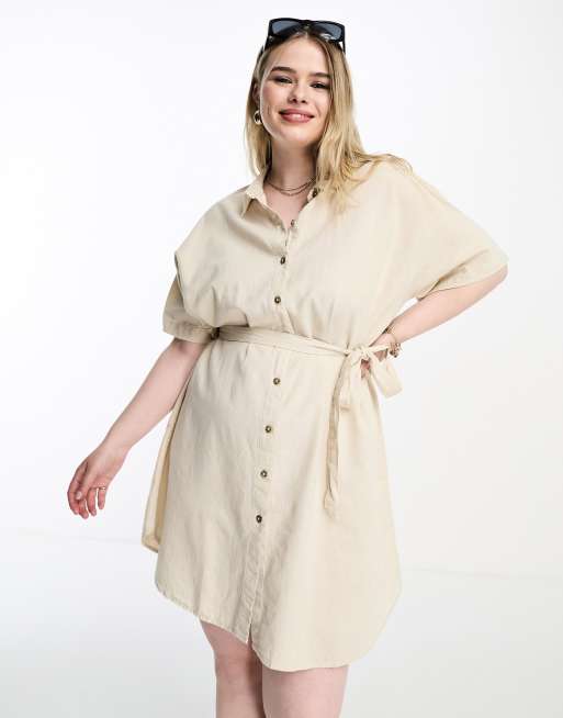 Vero Moda Curve – Kurzes T-Shirt-Kleid aus Leinen in Steinbeige mit Bindegürtel