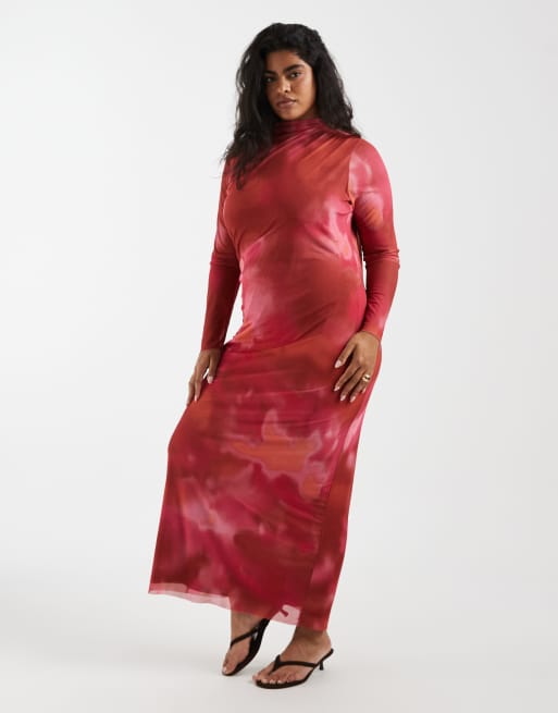 Vero Moda Curve – Langärmliges, fließendes Netzstoff-Maxikleid mit Marmormuster in Rosa und Orange, 2 von 4