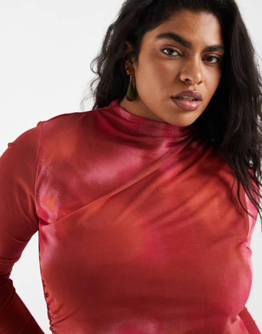 Vero Moda Curve – Langärmliges, fließendes Netzstoff-Maxikleid mit Marmormuster in Rosa und Orange, 3 von 4