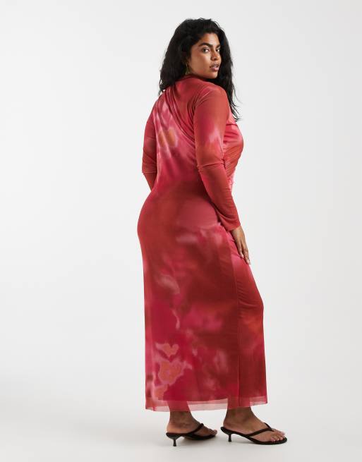 Vero Moda Curve – Langärmliges, fließendes Netzstoff-Maxikleid mit Marmormuster in Rosa und Orange, 4 von 4