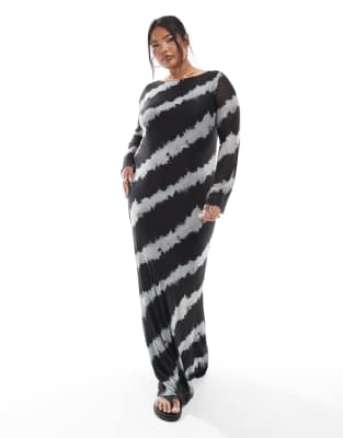 Vero Moda Curve - Langärmliges Maxikleid aus Mesh mit verschwommenem, unifarbenem Print-Schwarz