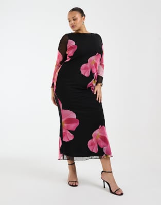 Vero Moda Curve - Langärmliges Netzstoff-Maxikleid in Schwarz mit übergroßem Blumenmuster