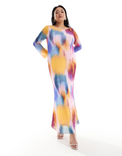 Vero Moda Curve – Langärmliges Netzstoffkleid mit verschwommenem buntem Print
