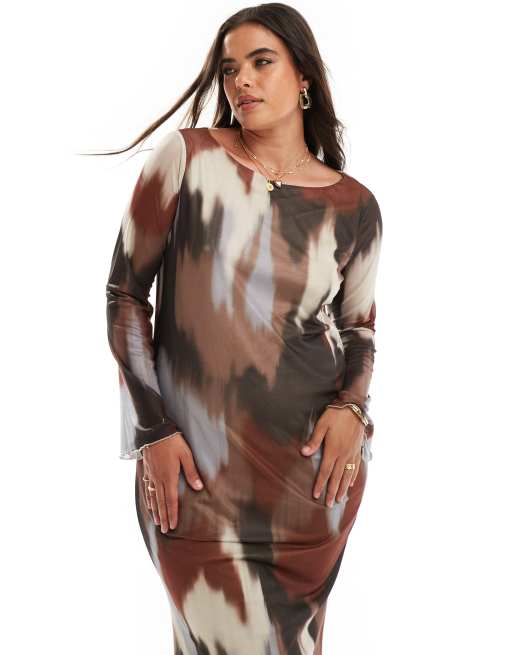 Vero Moda Curve – Langärmliges Netzstoffkleid mit verschwommenem Muster in neutralen Farben, 4 von 4