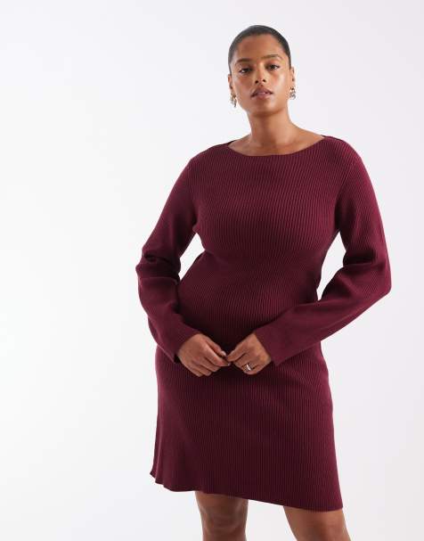 Vero Moda Curve langärmliges Strick-Minikleid mit U-Boot-Ausschnitt in Burgunderrot - view 1