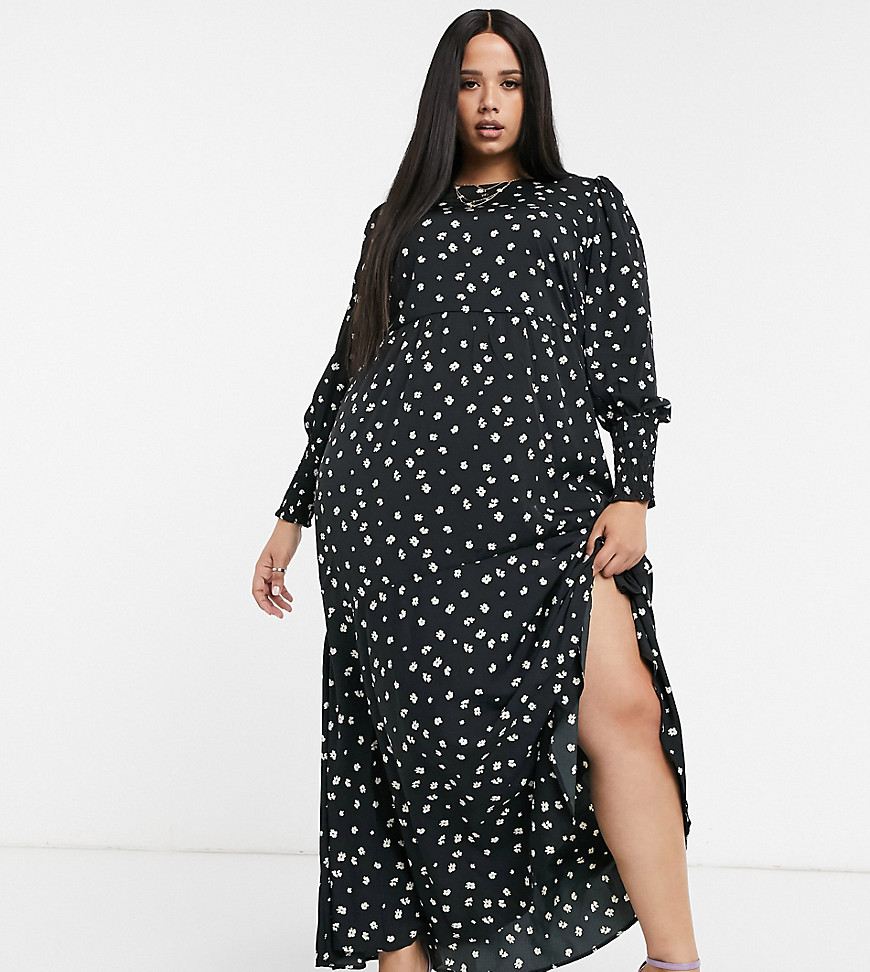 Vero Moda Curve - Lange jurk met brede manchetten en fijne zwarte bloemenprint-Multi