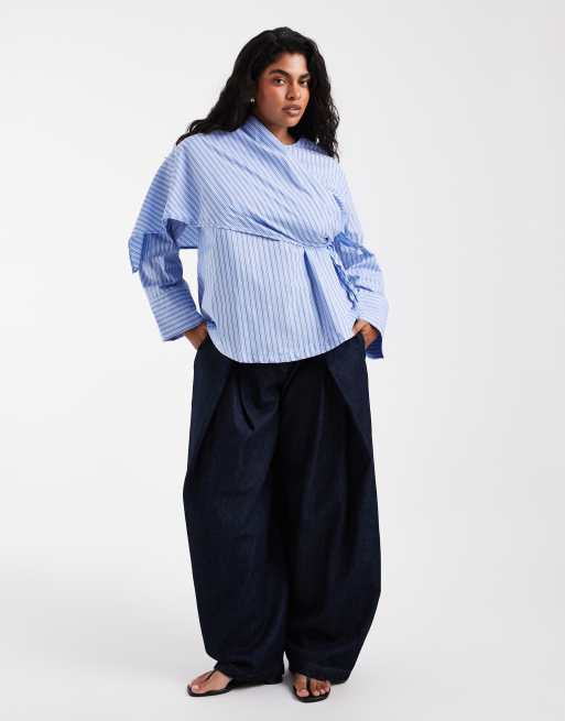 Vero Moda Curve langærmet bluse med tørklædedetalje i lyseblå stribe, 2 af 4