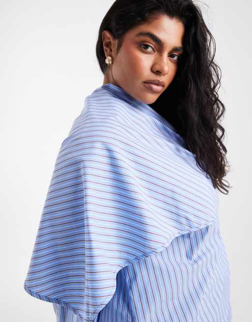Vero Moda Curve langærmet bluse med tørklædedetalje i lyseblå stribe, 3 af 4