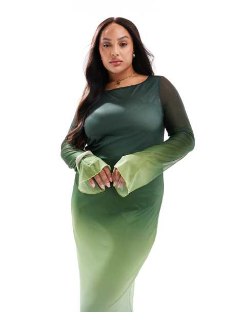 Vero Moda Curve - Langærmet kjole med grønt ombré-print i mesh - view 1