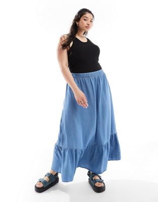 Vero Moda Curve Layered Maxi Skirt In Medium Blue Denim