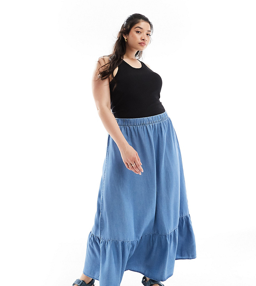 Vero Moda Curve layered maxi skirt in medium blue denim