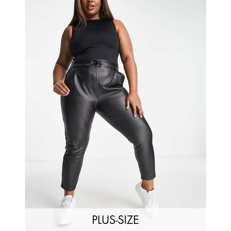 Vero Moda Curve leather look sweatpants with tie waist in black