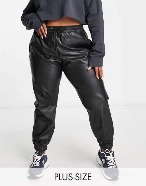 Vero Moda Curve leather look tie waist trackies in black