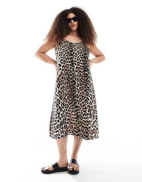 Vero Moda Curve – Leopardmönstrad, vävd midiklänning med smala axelband och v-ringning framtill - view 1