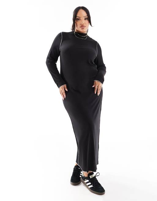 Vero Moda Curve lettuce edge jersey maxi dress with long sleeves in black