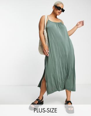 Vero Moda Curve lightweight midi cami dress with tie back in khaki - ASOS Price Checker