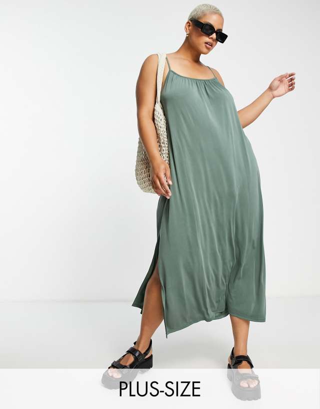 Vero Moda Curve lightweight midi cami dress with tie back in khaki