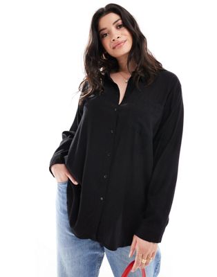 Vero Moda Curve linen blend long sleeved shirt co-ord in black