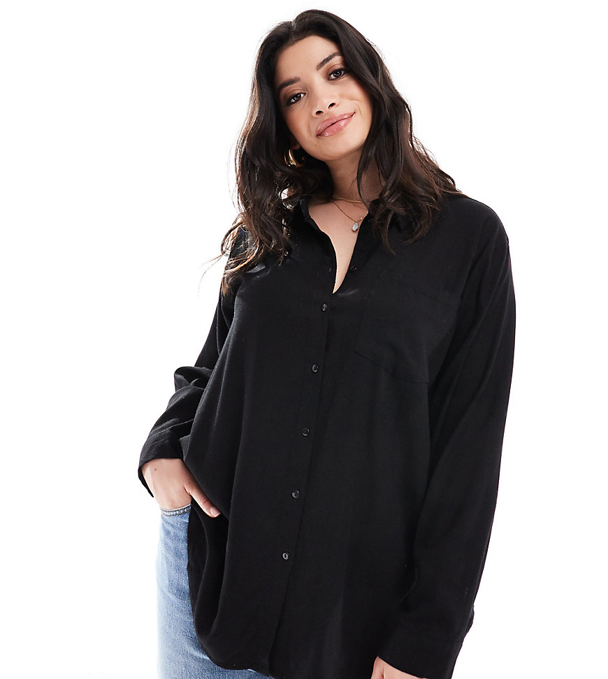 Vero Moda Curve Linen Blend Long Sleeved Shirt In Black - Part Of A Set