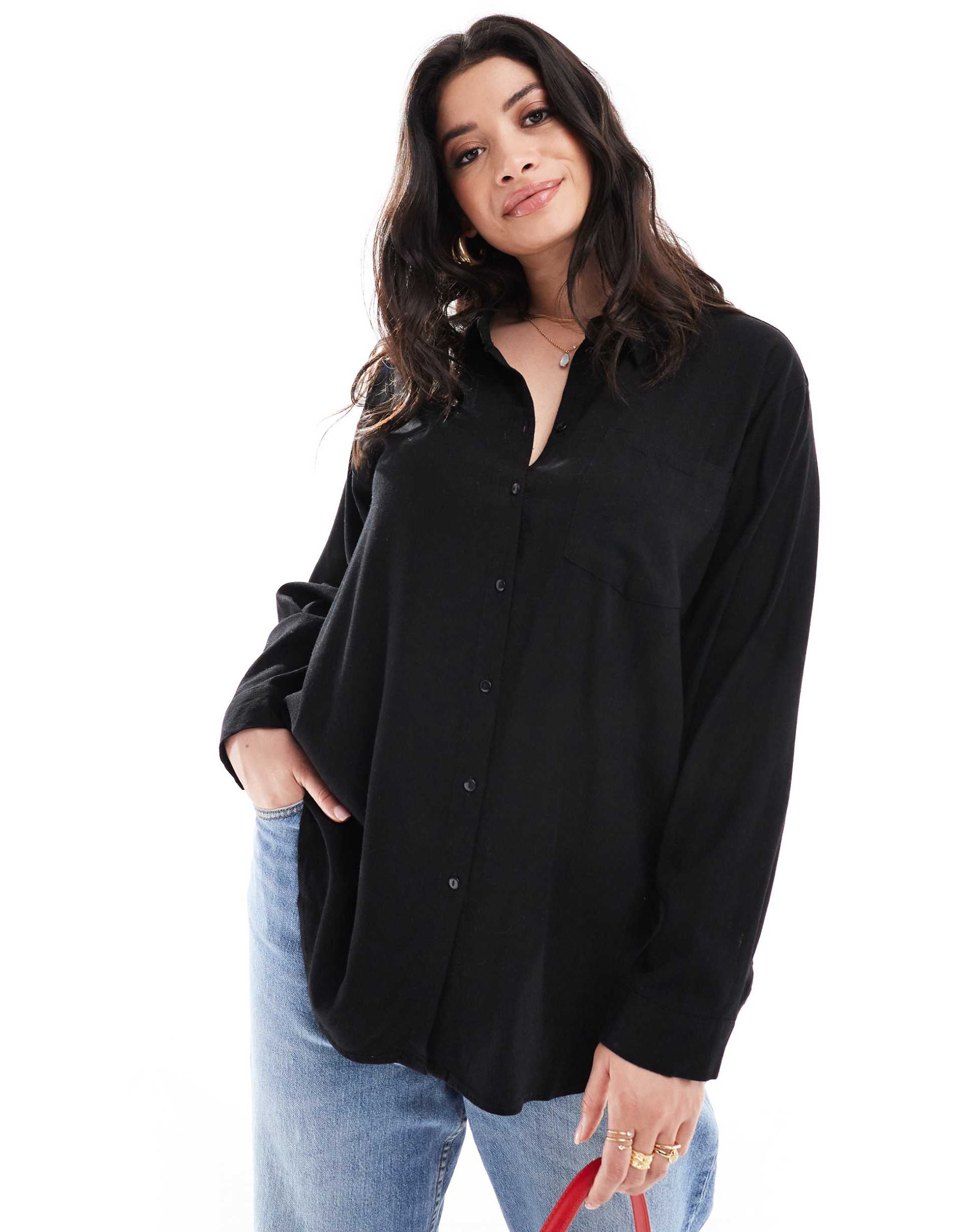 vero moda curve linen blend long sleeved shirt in black