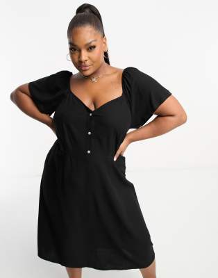 Vero Moda Curve linen mix flutter sleeve midi dress in black