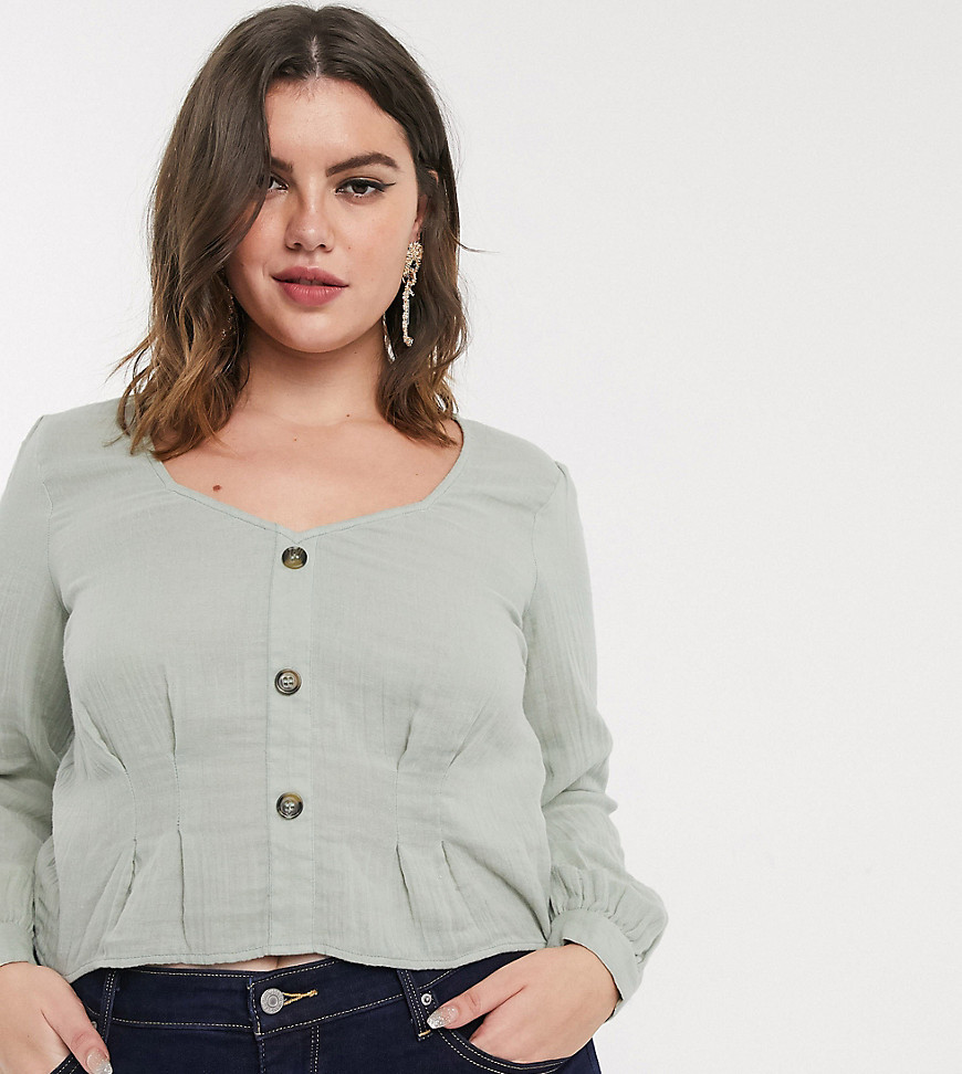 Vero Moda Curve linen top with volume sleeves in sage-Green
