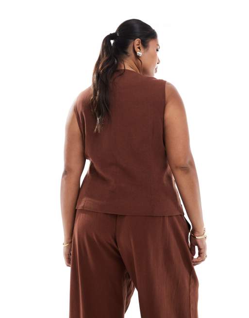 Vero Moda Curve linen touch asymmetric button front waistcoat in chocolate (part of a set), 4 of 4