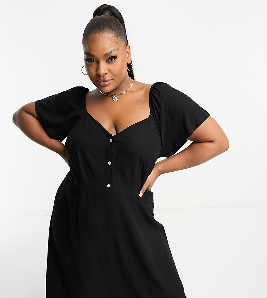 Vero Moda Curve linen touch flutter sleeve midi dress in black