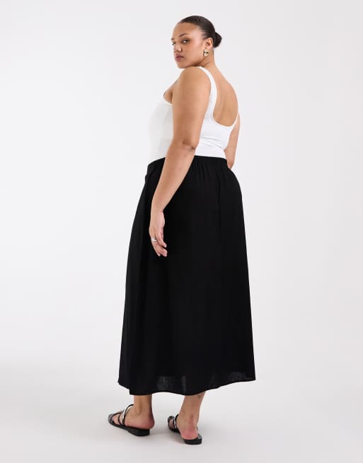 Vero Moda Curve linen touch midi skirt in black, 2 of 5