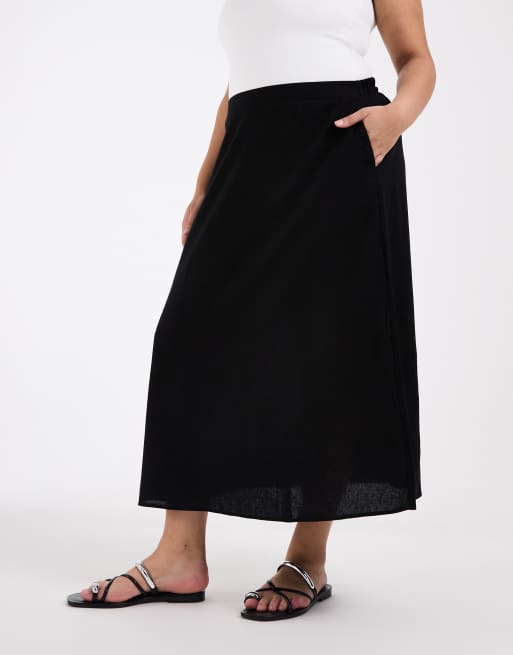 Vero Moda Curve linen touch midi skirt in black, 3 of 5