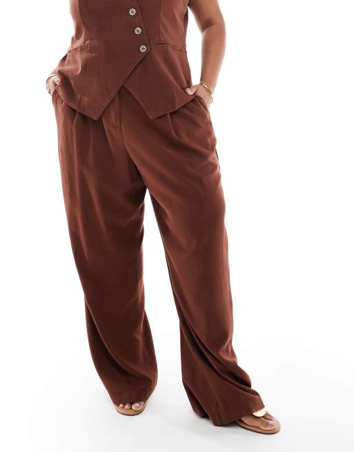 Vero Moda Curve linen touch pleat front wide leg pants in chocolate - part of a set      , 2 of 5