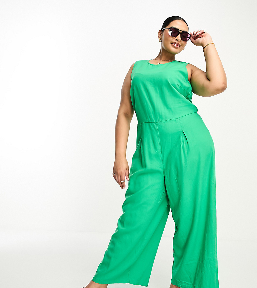 Vero Moda Curve linen touch tie back jumpsuit with pleat front wide leg in green